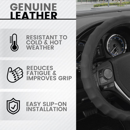 BDK Genuine Leather Ergonomic Non-Slip Grip Steering Wheel Cover (Fits 14.5" - 15.5")