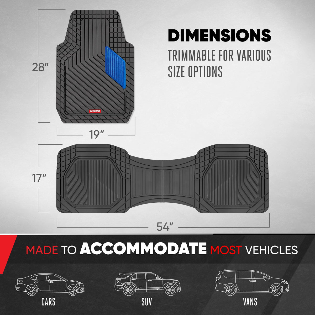 Motor Trend MetallicGuard Car Floor Mats Full Set - Durable Rubber Floor Mats with Blue Metallic Heel Pad, All-Weather Interior Protection for