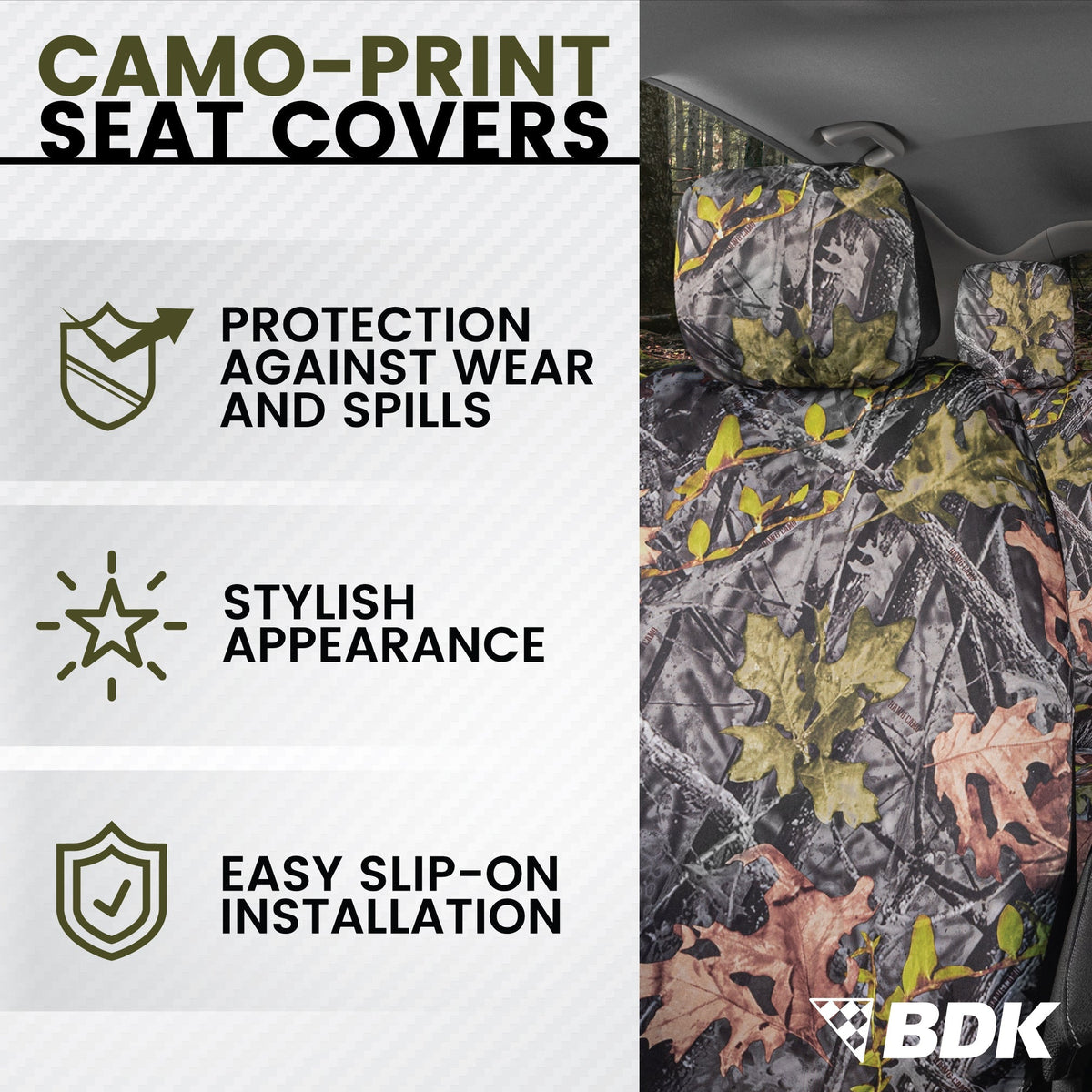 BDK Camo Car Seat Covers Full Set with Camo Car Floor Mats – Complete Interior Protection Set, Realistic Green Forest Camouflage Pattern