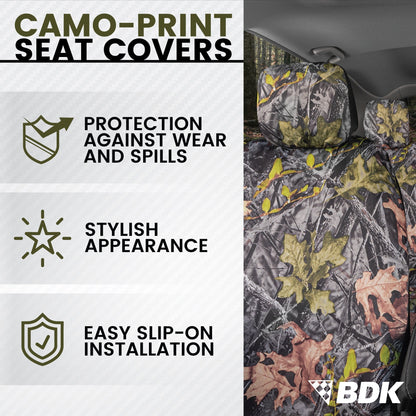 BDK Camo Car Seat Covers Full Set with Camo Car Floor Mats – Complete Interior Protection Set, Realistic Green Forest Camouflage Pattern