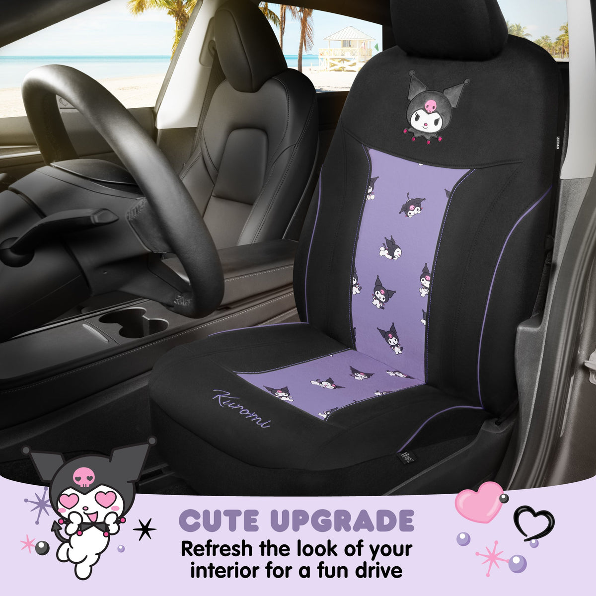 Hello Kitty Kuromi Car Seat Cover - Cute Black and Purple Front Seat Cover with Lavender Accents, Durable and Comfortable Polyester, Car