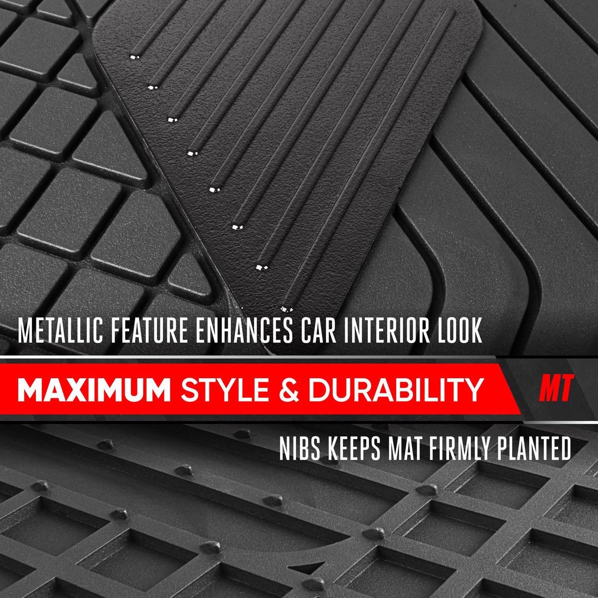 Motor Trend MetallicGuard Car Floor Mats Full Set - Durable Rubber Floor Mats with Black Metallic Heel Pad, All-Weather Interior Protection for