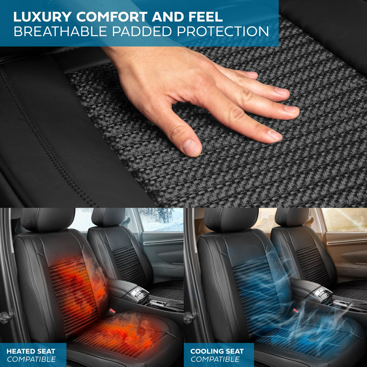 MotorBox Elite Edition Faux Leather & All Weather Wicker Seat Covers for Cars, Trucks, & SUV - 2 Black Car Seat Covers for Front Seats