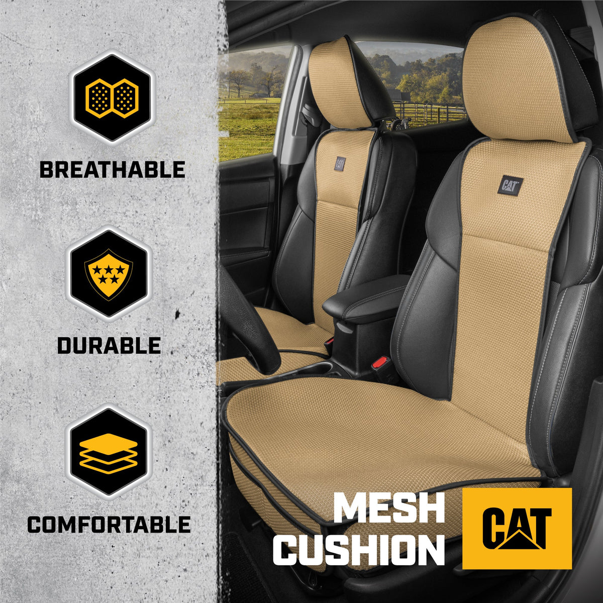 Caterpillar AeroMesh Beige Seat Covers for Trucks, Car, & SUV - (2) Front Truck Seat Cover Protector - Breathable Mesh Universal Fit Car Seat