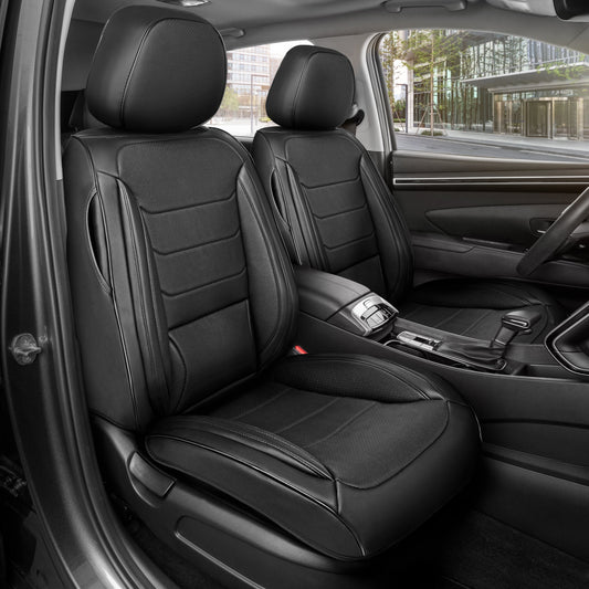 MotorBox Elite Edition Faux Leather Seat Covers for Cars, Trucks, & SUV - 2 Black Car Seat Covers for Front Seats - Universal Fit Car Accessories