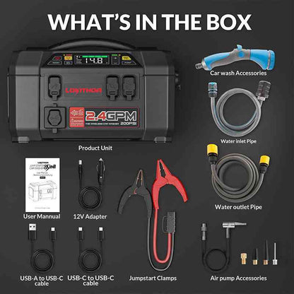 LOKITHOR AW401 Multi-Function Jump Starter 2500A Peak with Pressure Washer & 150PSI Air Compressor for Car Recovery, Camping