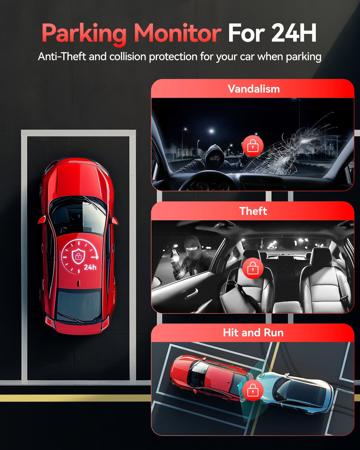 REDTIGER VP20 530° 3-Channel IR Night View Dash Cam