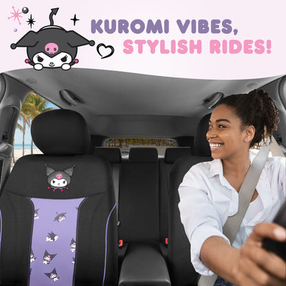 Hello Kitty Kuromi Car Seat Cover - Cute Black and Purple Front Seat Cover with Lavender Accents, Durable and Comfortable Polyester, Car
