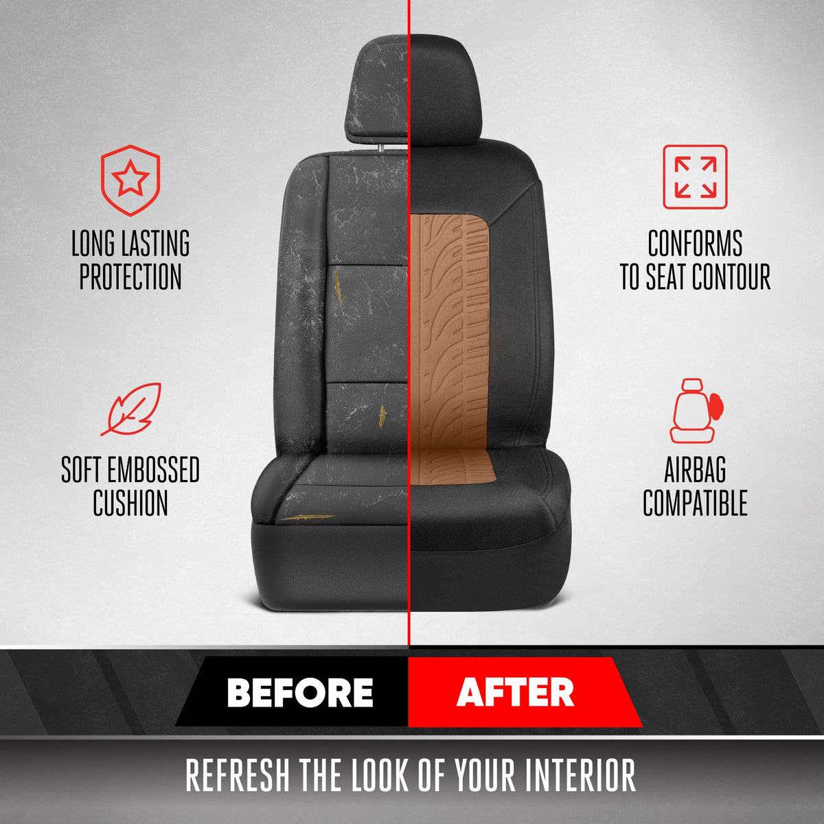 Motor Trend GrandPrix Seat Covers for Cars, 2-Pack Black & Beige Tire Tread Embossed Car Seat Covers for Front Seats, Automotive Interior Covers