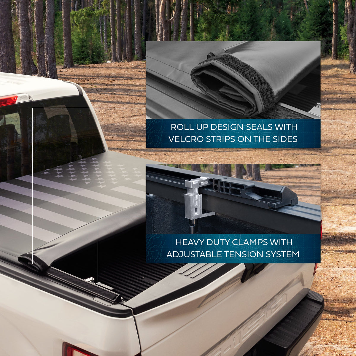 MotorBox USA Black American Flag Soft Roll-Up Retractable Tonneau Cover for Chevrolet Silverado 1500 (2019 - 2024), GMC Sierra 1500 (2019 - 2024)