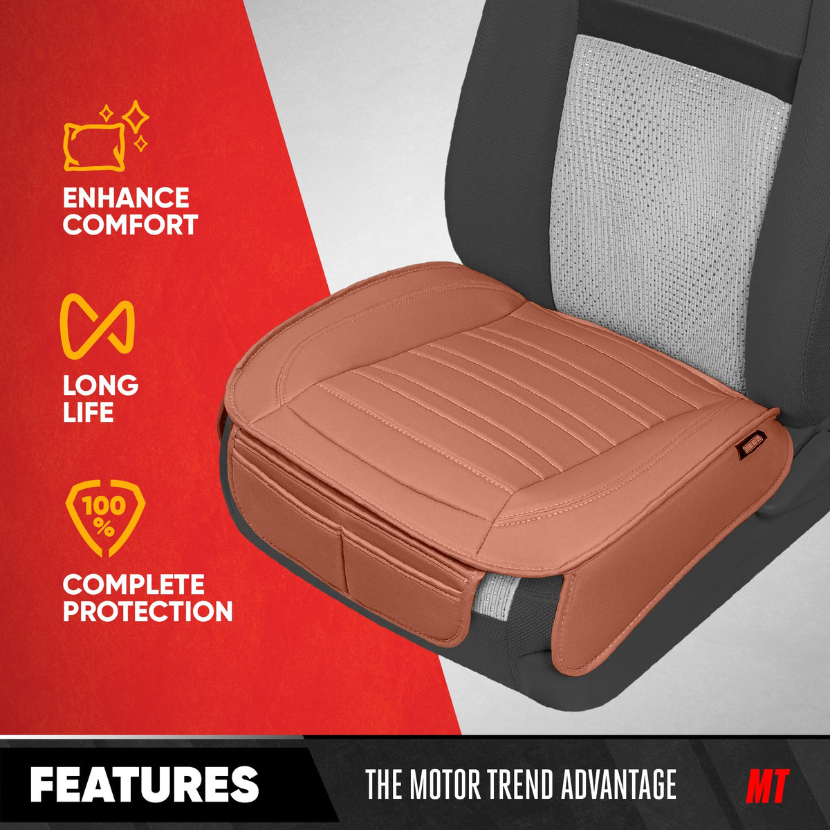 Motor Trend Faux Leather Front Seat Cover for Cars - Set of 2 Brown Front Car Seat Covers for SUV & Truck with Storage Pockets - Automotive Car