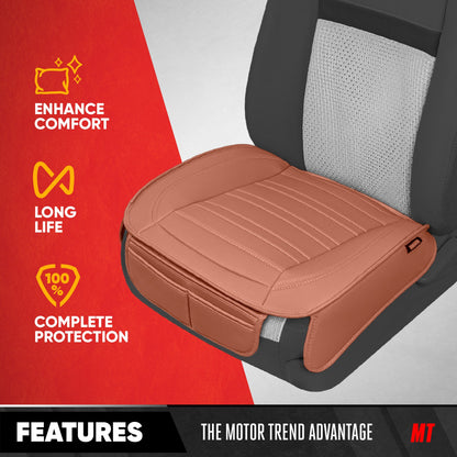 Motor Trend Faux Leather Front Seat Cover for Cars - Set of 2 Brown Front Car Seat Covers for SUV & Truck with Storage Pockets - Automotive Car