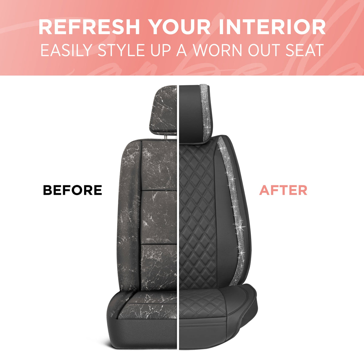 BlingStitch™ Car Seat Covers for Front Seats - Luxurious Vegan Leather Seat Covers for Cars with Black Bling Crystals, Premium Automotive Seat