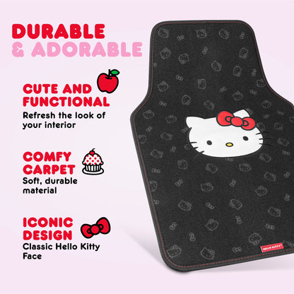 Hello Kitty Carpet Car Floor Mats - Universal Fit for Cars, SUVs & Trucks - Black with Red Bow & Hello Kitty Print - Front & Rear Set, 4 Piece