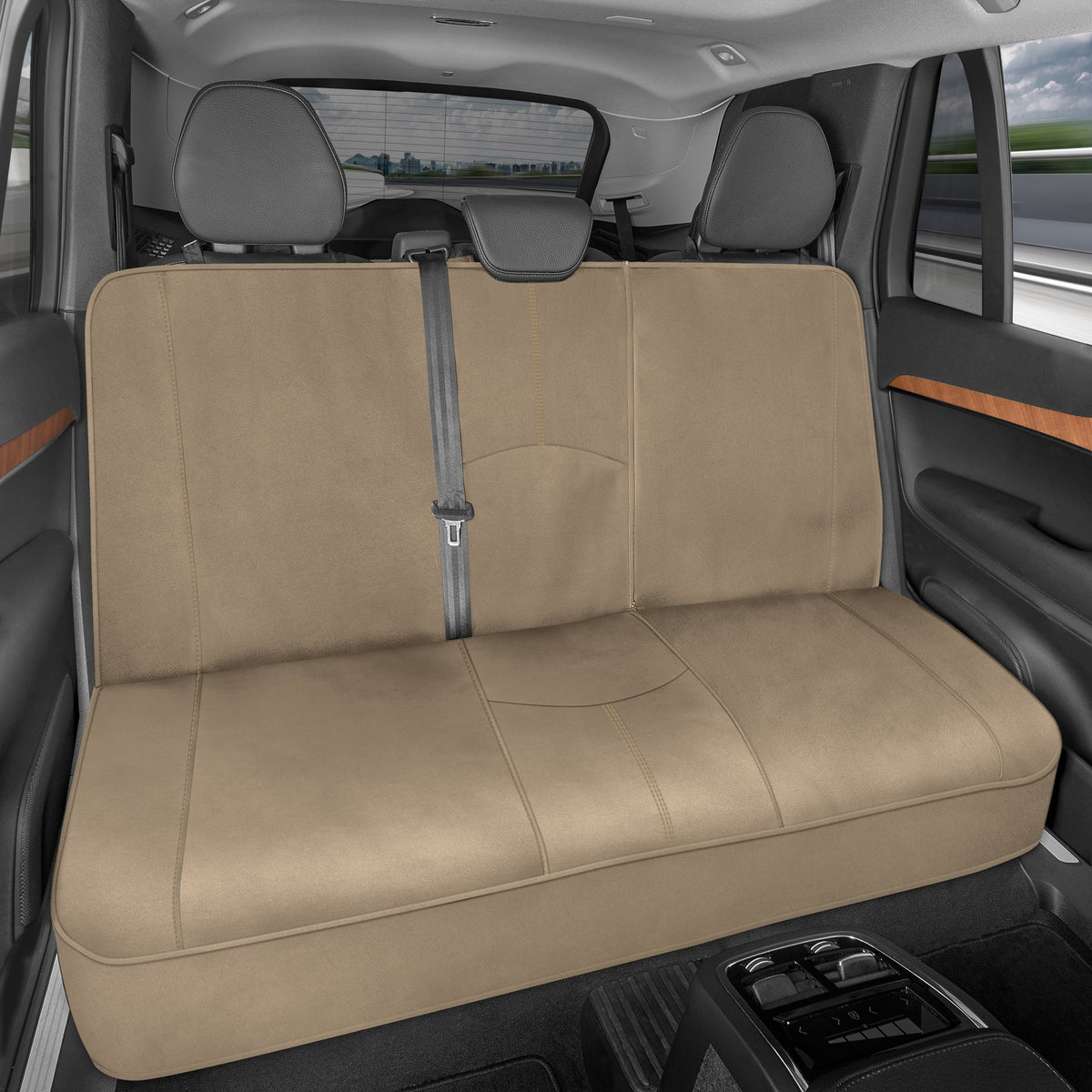 Motor Trend SpillGuard Waterproof Rear Bench Car Seat Cover, All Beige Stitching - Split Bench Rear Seat Protector with Neoprene Padding, Back
