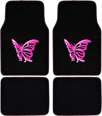 BDK Design Patch Carpet Front Floor Mats and Rear Floor Mats - Pink Butterflies