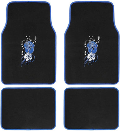 BDK Design Patch Carpet Front Floor Mats and Rear Floor Mats - Blue Hawaiian Flower