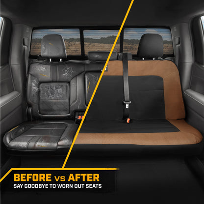 Cat Flexfit Beige & Black Rear Seat Cover for Car – Durable Canvas & Mesh Design 60/40 Split Bench Protector for Cars, Trucks & SUVs – Back Seat
