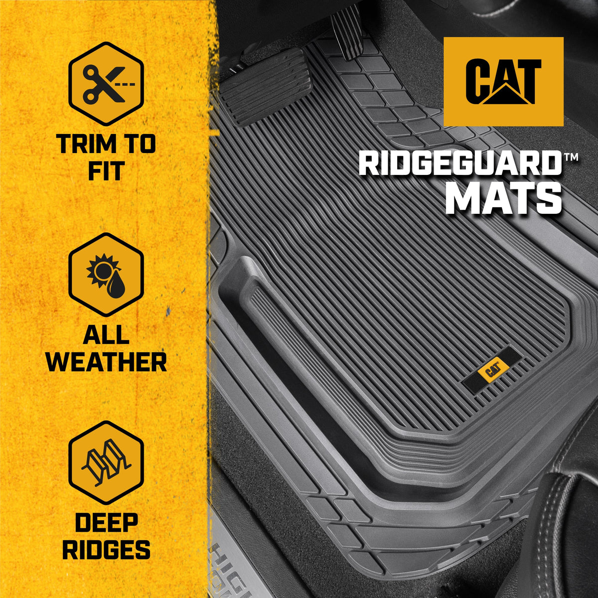 Cat® TerrainGuard™ Heavy-Duty 3-Piece All-Weather Rubber Floor Mats for Car, Truck, SUV, Van - Trim-to-Fit Deep Dish Automotive Floor Liners