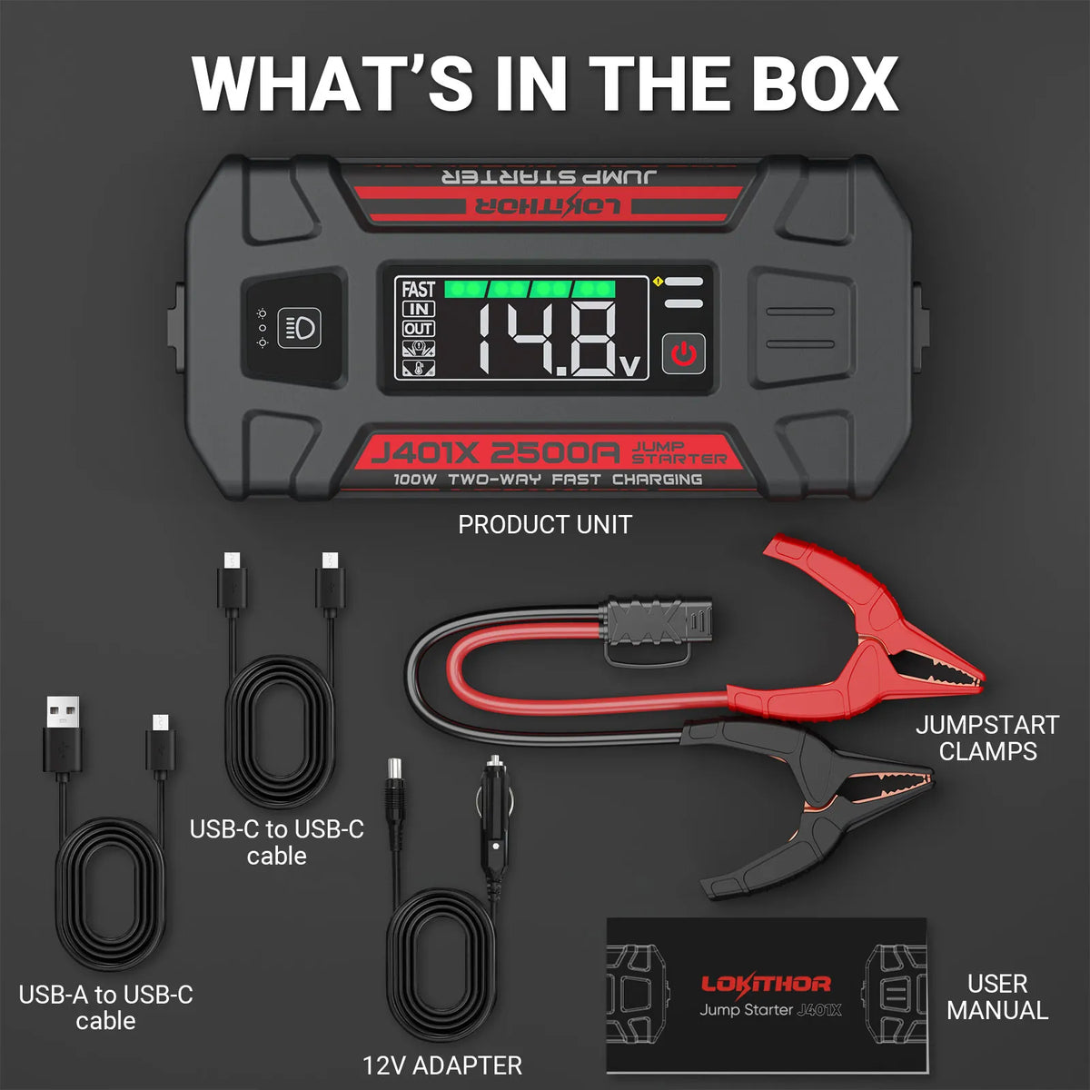 LOKITHOR J401X Portable Jump Starter 2500A Peak with -40°F Smart Pre-Heating for 8.5L Gas/6.5L Diesel