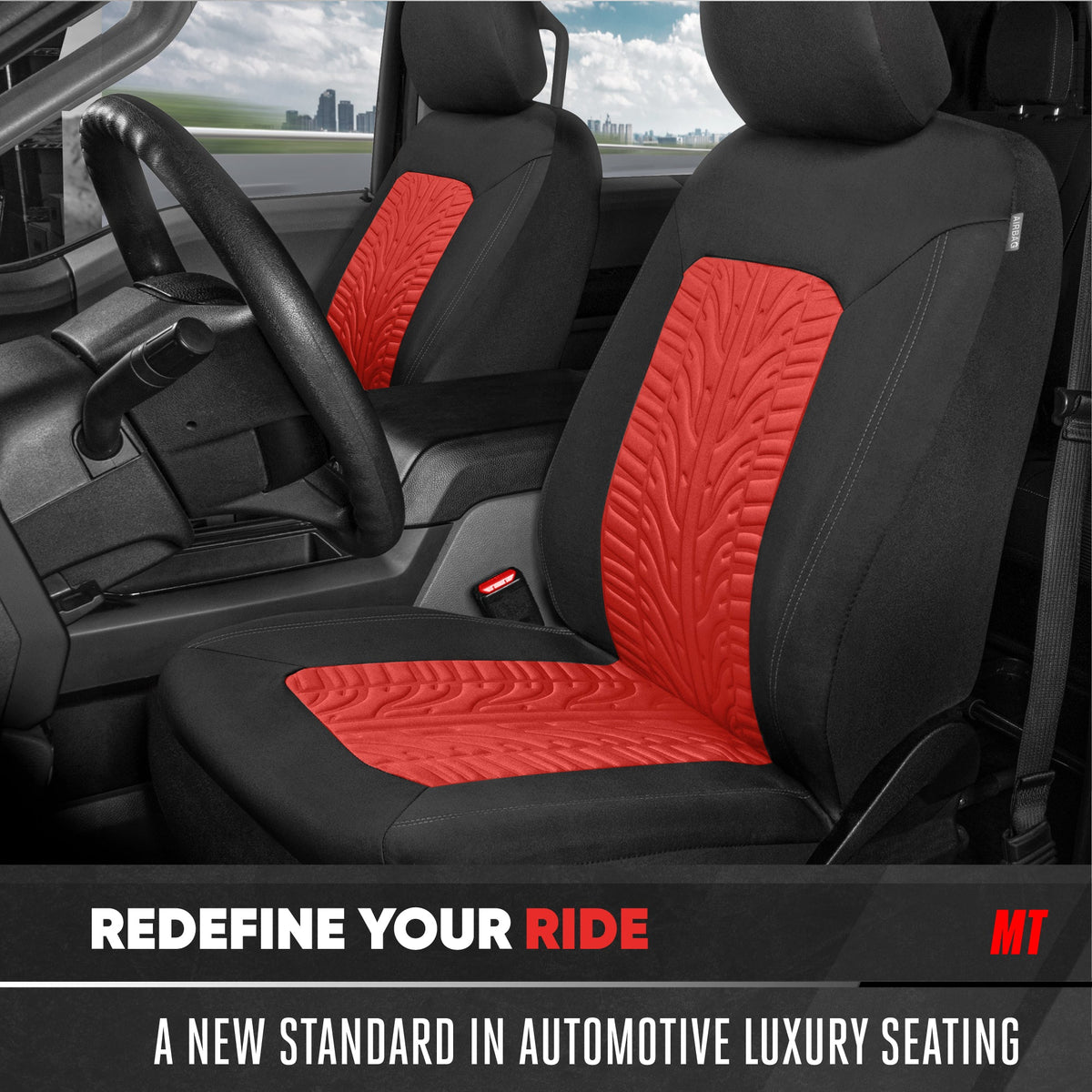 Motor Trend GrandPrix Seat Covers for Cars, 2-Pack Black & Red Tire Tread Embossed Car Seat Covers for Front Seats, Automotive Interior Covers