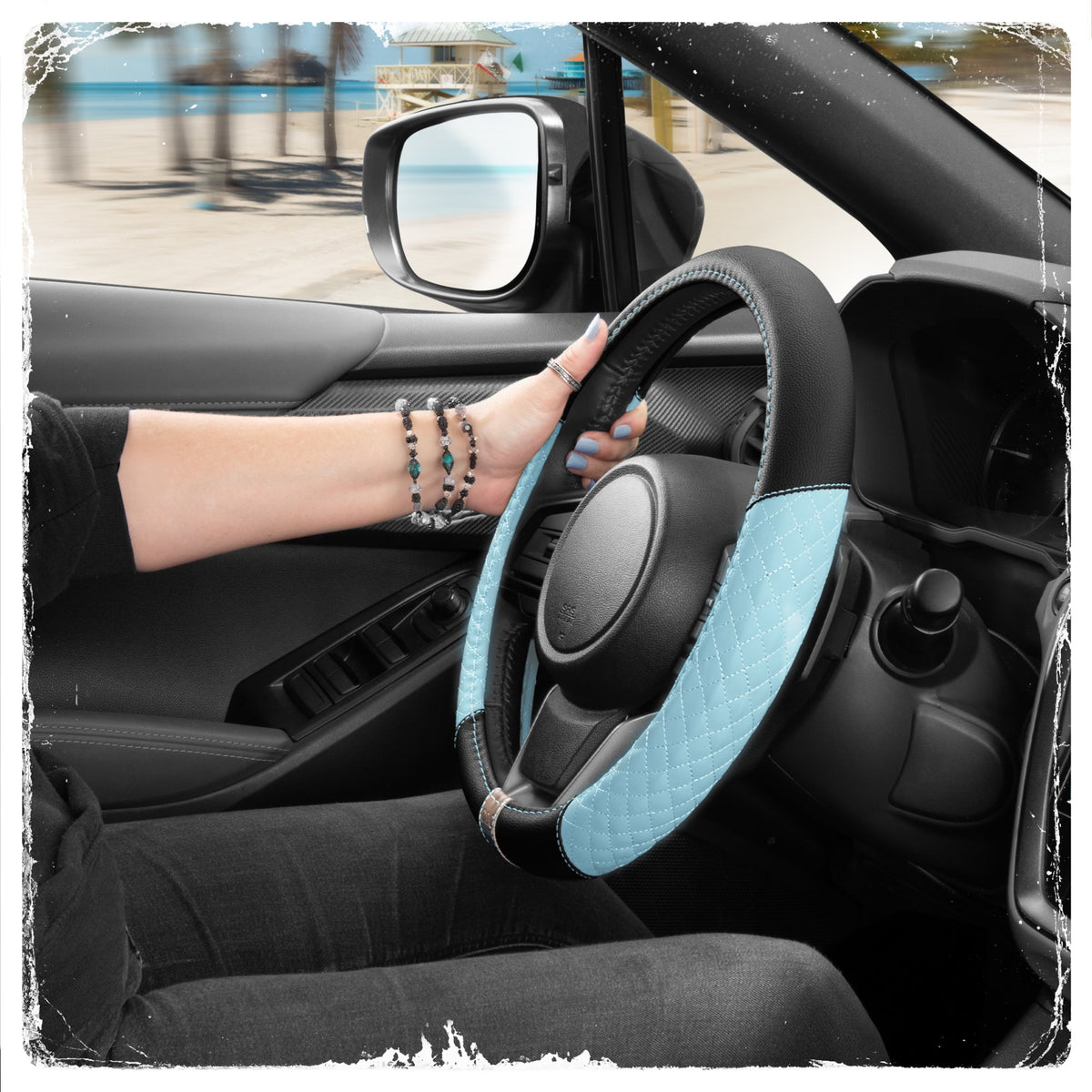 C&C California Car Steering Wheel Cover Blue Diamond Quilt, Non Slip Leather Steering Wheel Cover for Women Men, Cute Comfortable Soft Easy