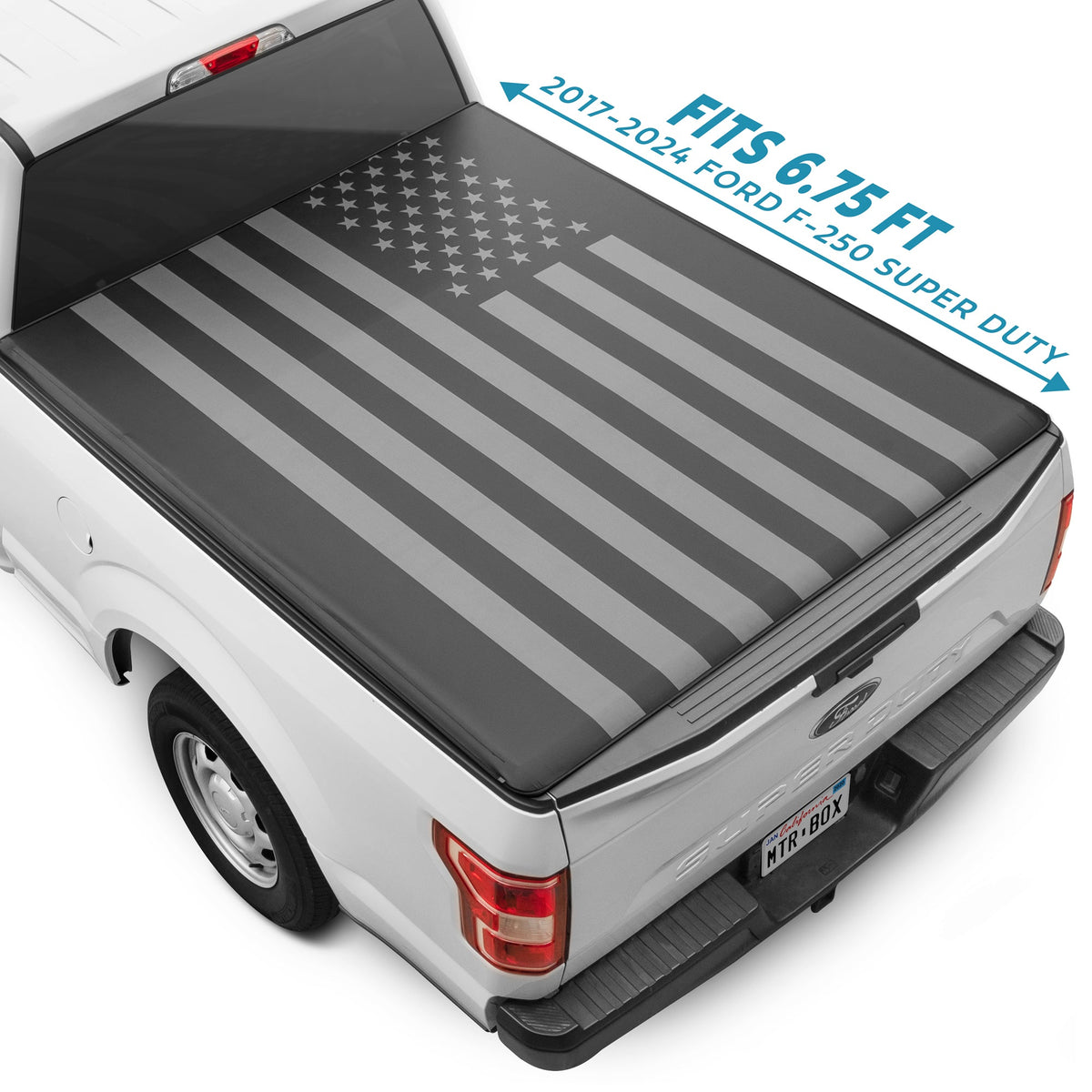 MotorBox USA Black American Flag Soft Roll-Up Retractable Tonneau Cover for F-250/F-350 Super Duty (2017 - 2024) - 6.75' bed - F250/350 Super Duty  (2017-2024) (6.75 bed)