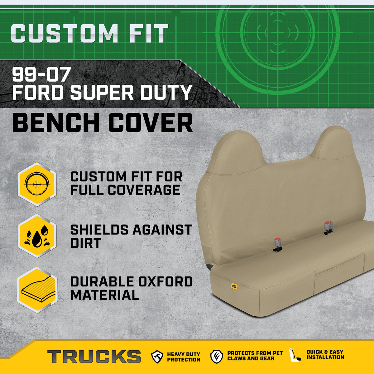 Cat® Custom Fit Front Bench Seat Cover for Ford F250 / F350 / F450 / F550 (1999-2007) - Durable Oxford Beige Truck Seat Cover with Utility