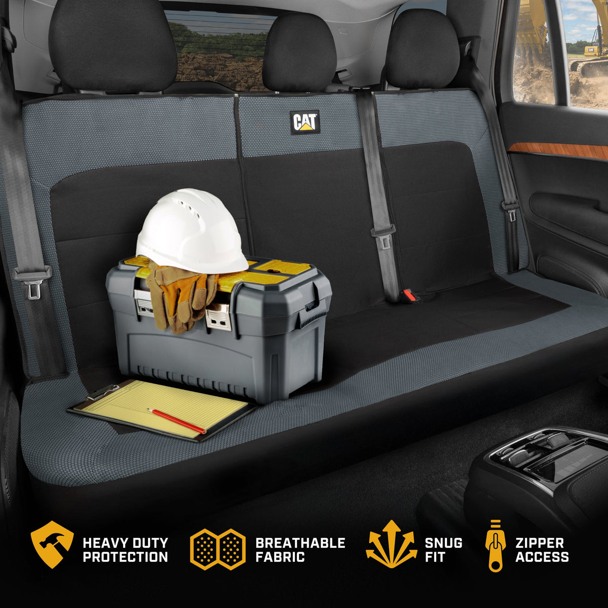 Cat Flexfit Charcoal & Black Rear Seat Cover for Car - Durable Canvas & Mesh Design 60/40 Split Bench Protector for Cars, Trucks & SUVs - Back