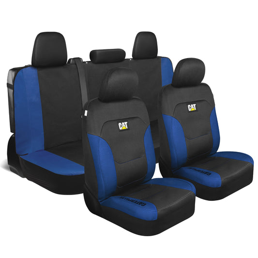 CAT Black & Blue Car Seat Covers Full Set – Front Seat Covers & Rear Bench Seat Cover – Airbag Compatible, 60/40 Split Bench for Trucks, Cars &