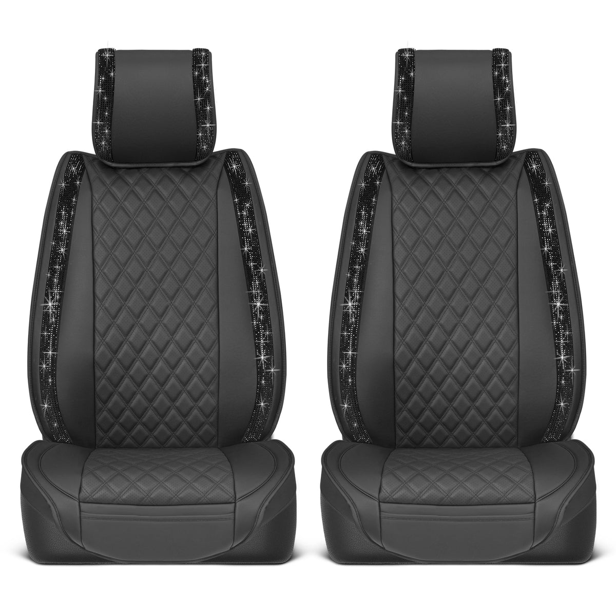 BlingStitch™ Car Seat Covers for Front Seats - Luxurious Vegan Leather Seat Covers for Cars with Black Bling Crystals, Premium Automotive Seat