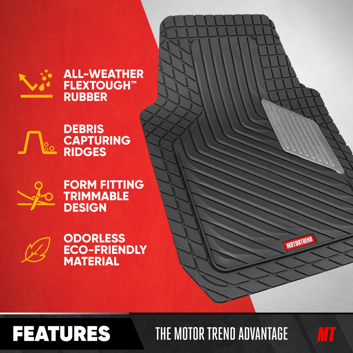 Motor Trend MetallicGuard Car Floor Mats Full Set - Durable Rubber Floor Mats with Silver Metallic Heel Pad, All-Weather Interior Protection for