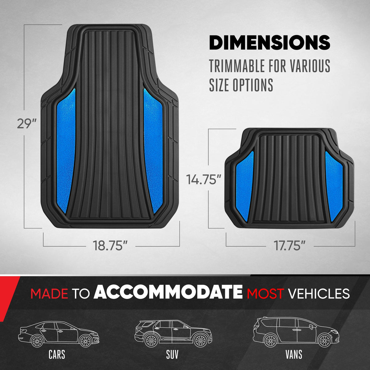Motor Trend ChromeTech Car Floor Mats Full Set - Durable Rubber Floor Mats for Cars with Two Tone Accent, All Weather Interior Protection for