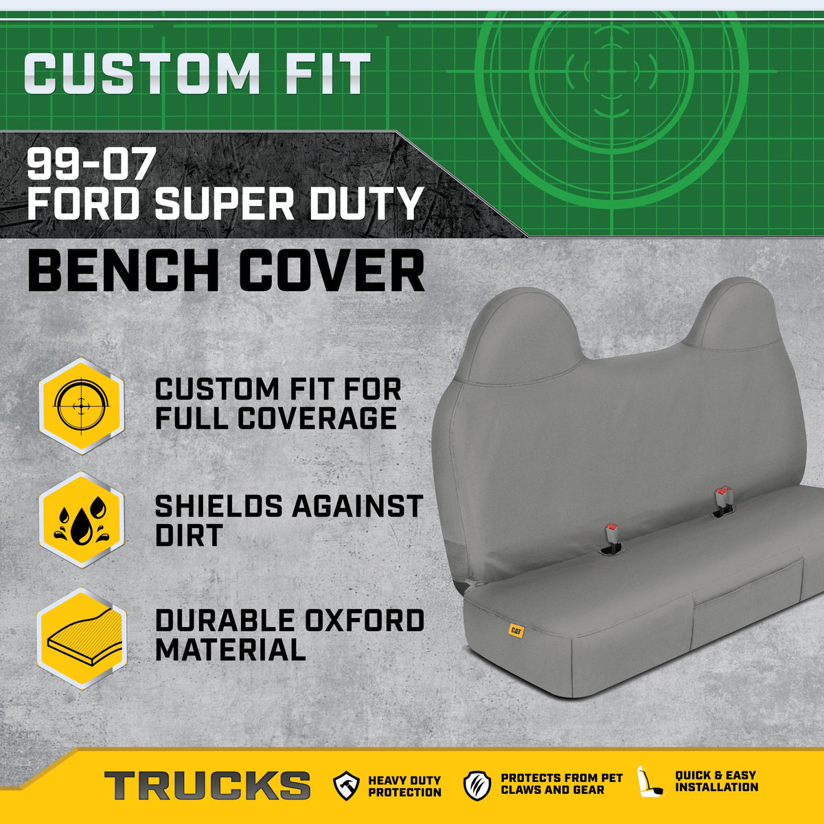 Cat® Custom Fit Front Bench Seat Cover for Ford F250 / F350 / F450 / F550 (1999-2007) - Durable Oxford Gray Truck Seat Cover with Utility