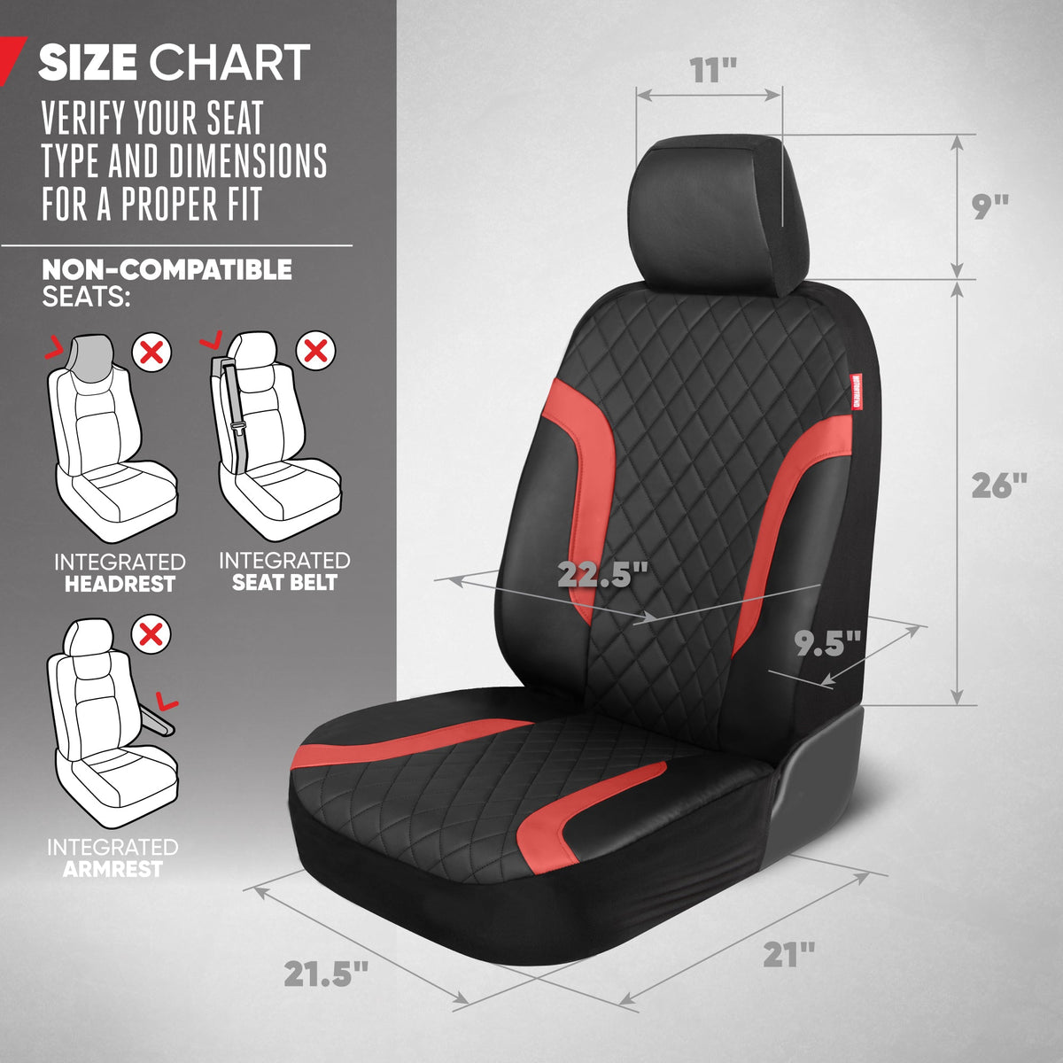 Motor Trend Faux Leather Seat Covers For Trucks, Cars, & SUV - Front Black & Red Car Seat Cover Set - Universal Fit For Most Automotives - Forros