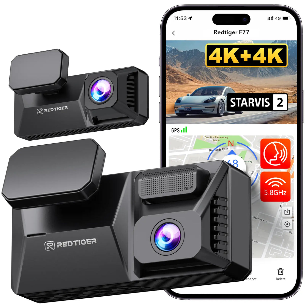 REDTIGER 4K UHD Dual IMX678 Dash Cam with Starvis 2 Night Vision, 128GB eMMC, 5.8GHz WIFI, GPS Tracking, Parking Monitor