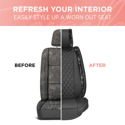 BlingStitch™ Car Seat Covers for Front Seats - Luxurious Vegan Leather Seat Covers for Cars with Black Bling Crystals, Premium Automotive Seat