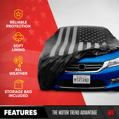 Motor Trend Black USA Flag Waterproof Car Cover - All Weather Outdoor Protection, UV Resistant, Windproof, Scratchproof - Semi-Universal Fit