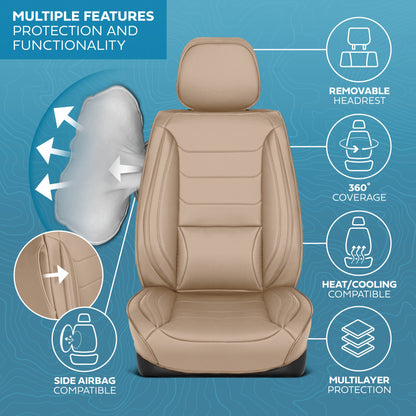 MotorBox Elite Edition Faux Leather Seat Covers for Cars, Trucks, & SUV - 2 Beige Car Seat Covers for Front Seats - Universal Fit Car Accessories