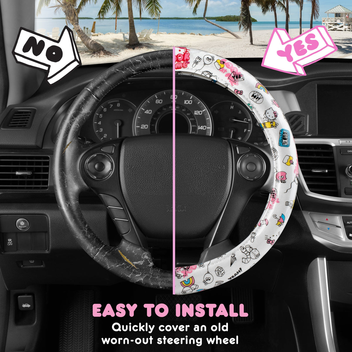 Hello Kitty Steering Wheel Cover, Official Sanrio Car Steering Wheel Cover with Universal Size 14.5 - 15.5, Cute White Steering Wheel Cover for
