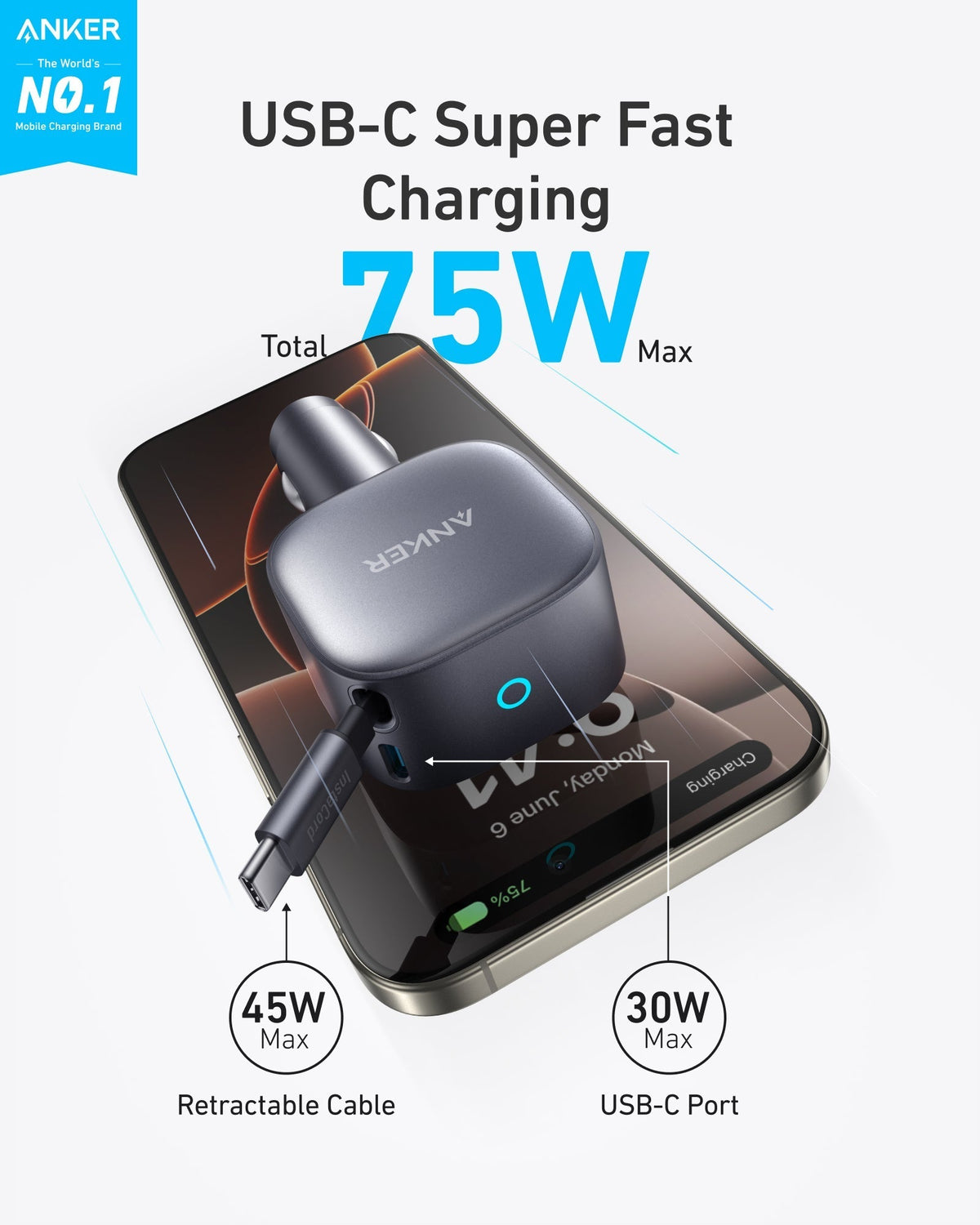 Anker Nano 75W Car Charger with Retractable USB-C Cable - image 2