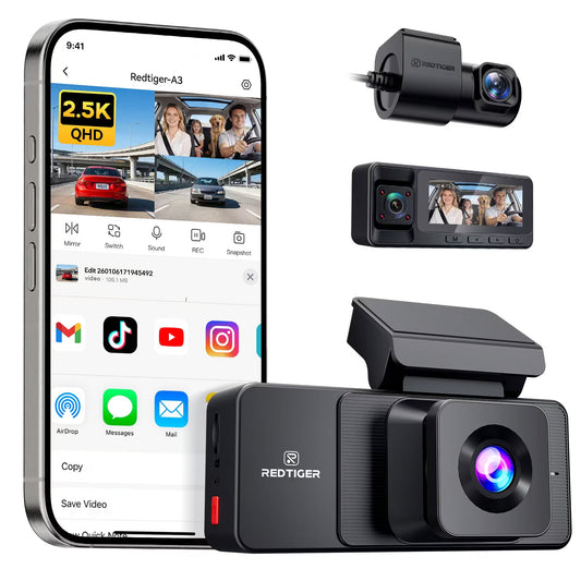 REDTIGER A3 3 Channel Dash Cam Front and Rear Inside, 2.5K + 1080P + 1080P Dash Camera for Cars with WiFi, IR Night View