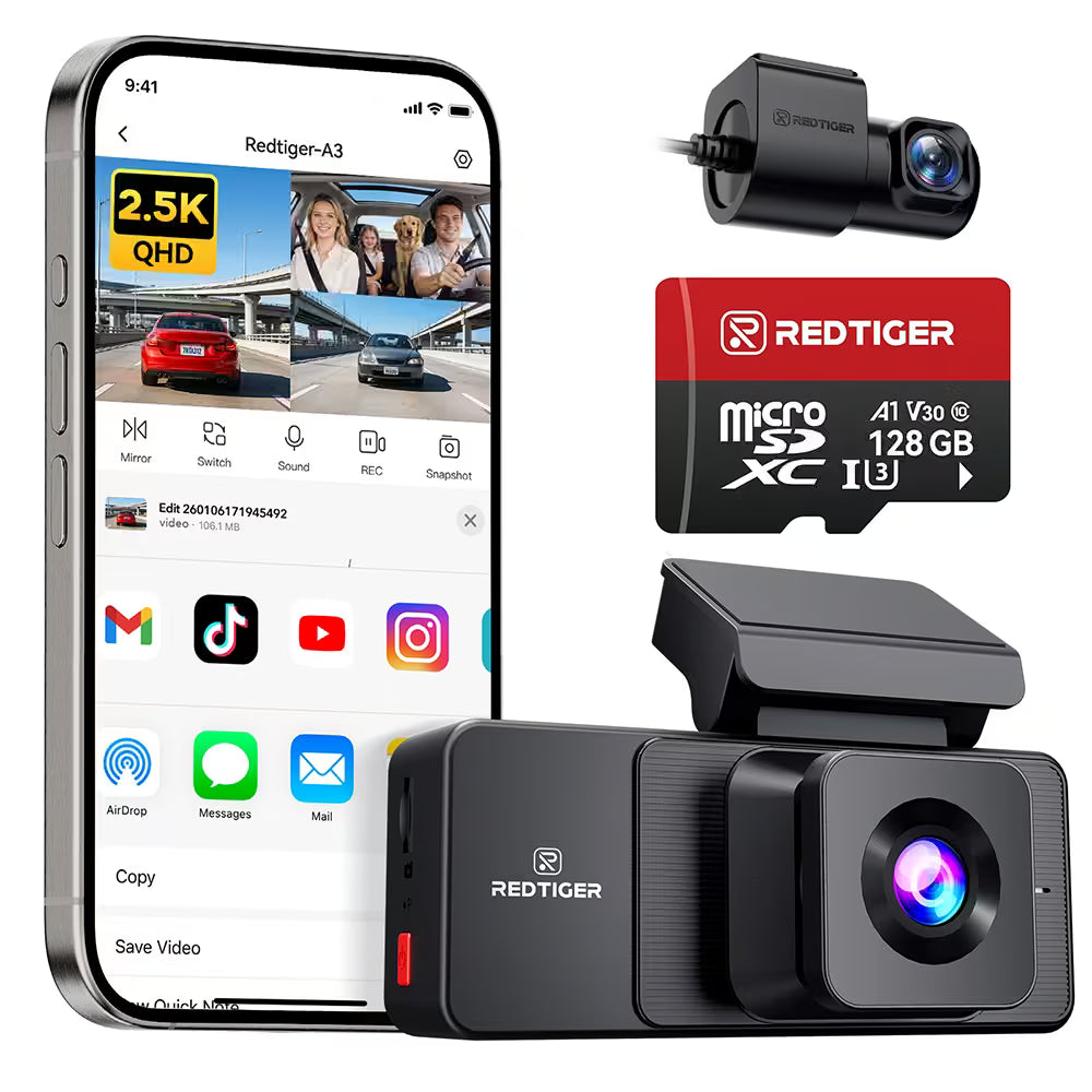 REDTIGER A3 3 Channel Dash Cam Front and Rear Inside, 2.5K + 1080P + 1080P Dash Camera for Cars with WiFi, IR Night View