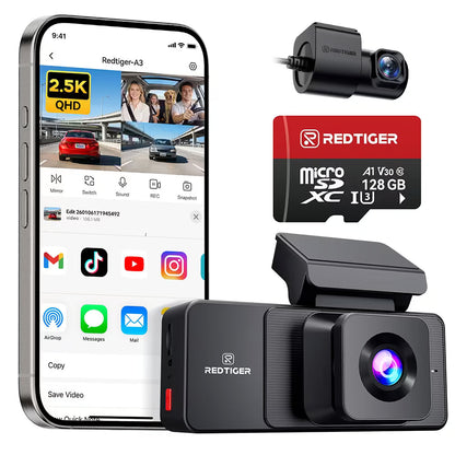 REDTIGER A3 3 Channel Dash Cam Front and Rear Inside, 2.5K + 1080P + 1080P Dash Camera for Cars with WiFi, IR Night View