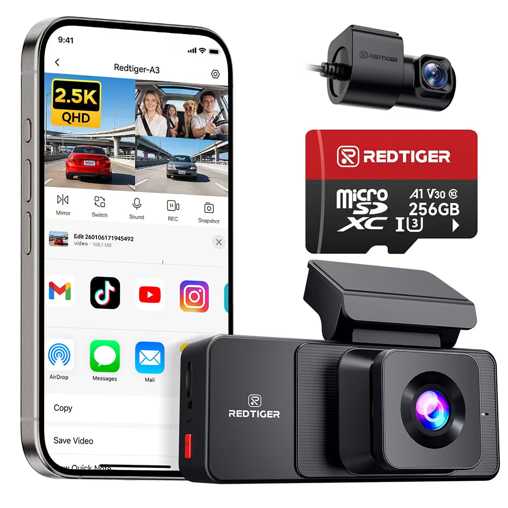 REDTIGER A3 3 Channel Dash Cam Front and Rear Inside, 2.5K + 1080P + 1080P Dash Camera for Cars with WiFi, IR Night View