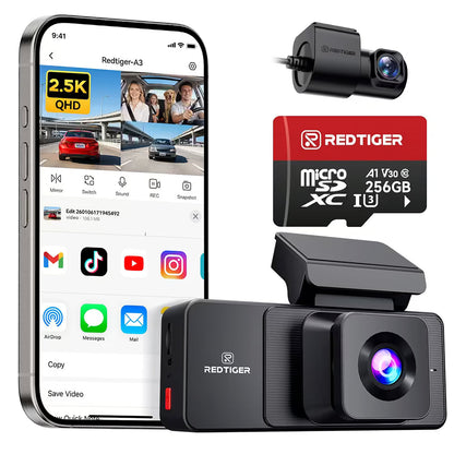 REDTIGER A3 3 Channel Dash Cam Front and Rear Inside, 2.5K + 1080P + 1080P Dash Camera for Cars with WiFi, IR Night View