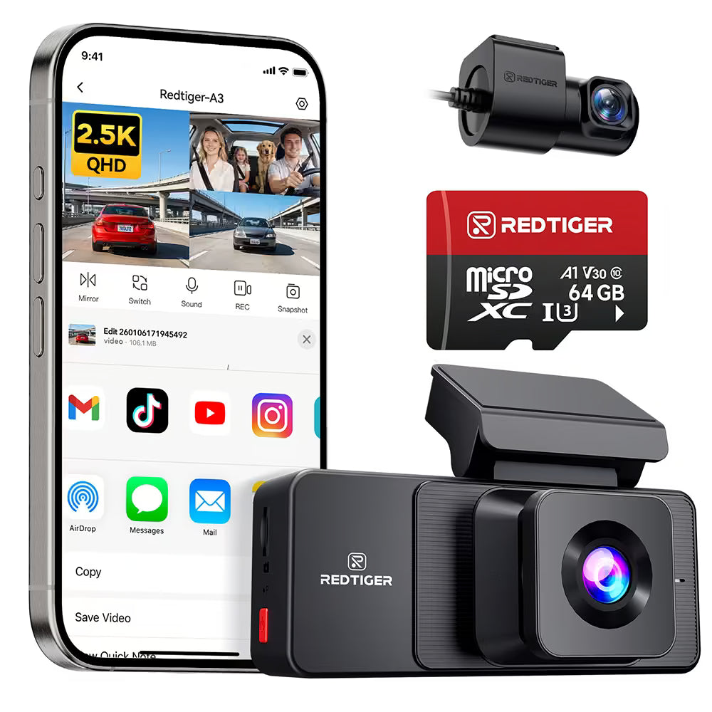 REDTIGER A3 3 Channel Dash Cam Front and Rear Inside, 2.5K + 1080P + 1080P Dash Camera for Cars with WiFi, IR Night View