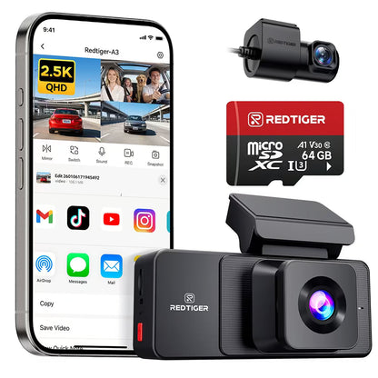REDTIGER A3 3 Channel Dash Cam Front and Rear Inside, 2.5K + 1080P + 1080P Dash Camera for Cars with WiFi, IR Night View