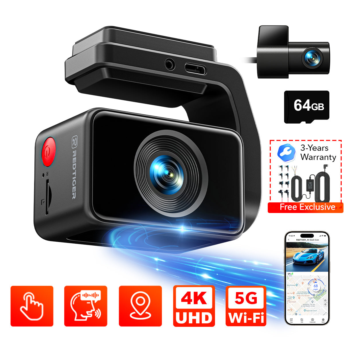 Redtiger 2CH A4 4K+1080P 5.8GHz WIFI Voice Control Dash Cam