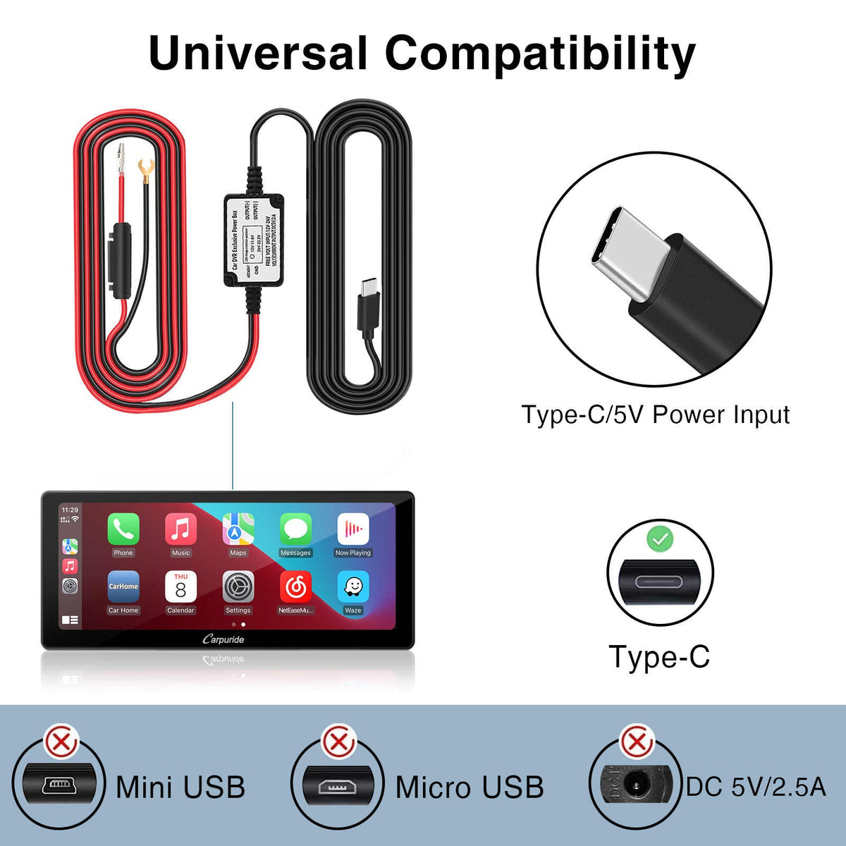 CARPURIDE Type-C 12V - 24V to 5V/2A Max Car Charger Cable kit